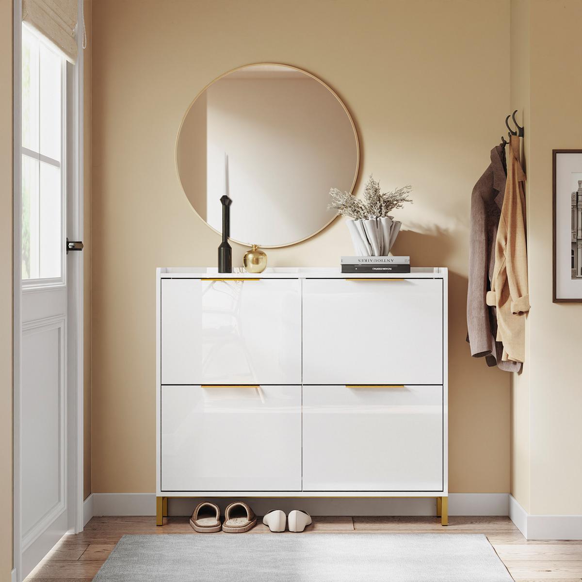 SCHUHSCHRANK mit 4 Klappen, Hochglanz Weiß 100x90x19cm - Weiß, Holzwerkstoff (100/90/19cm) - SoBuy