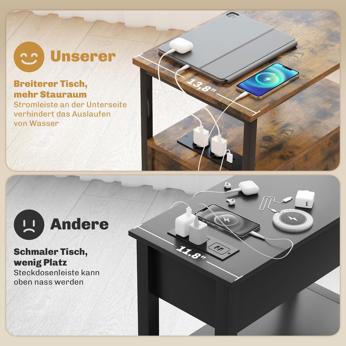 BEISTELLTISCH Couchtisch mit Aufladestation, USB-Anschlüssen und Steckdosen - Braun, Holzwerkstoff (55/35/58.5cm) - HOMCOM