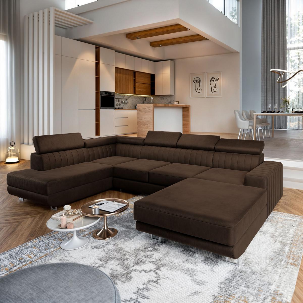 WOHNLANDSCHAFT SIENA L-S Braun Velours-Stoff mit Schlaffunktion - Silberfarben/Braun, Holz/Textil (335/89/190cm) - MASSENO