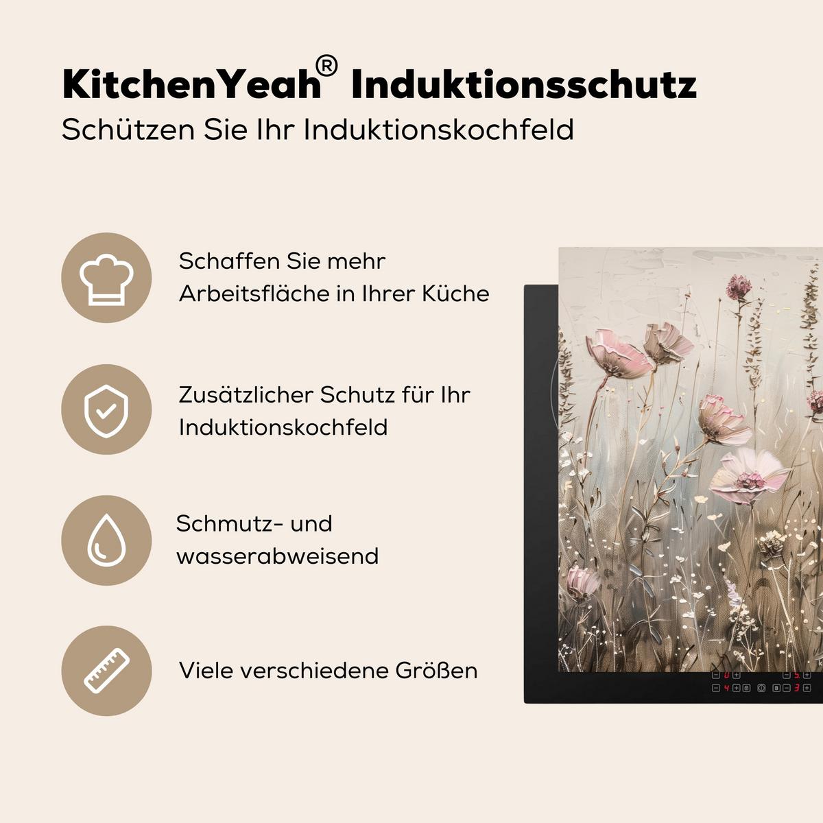 HERDABDECKPLATTE Blumen - Beige - Trockenblumen Herdabdeckung Induktionsfeld 75x52 cm - Beige, Kunststoff (75/52/0.2cm) - MuchoWow
