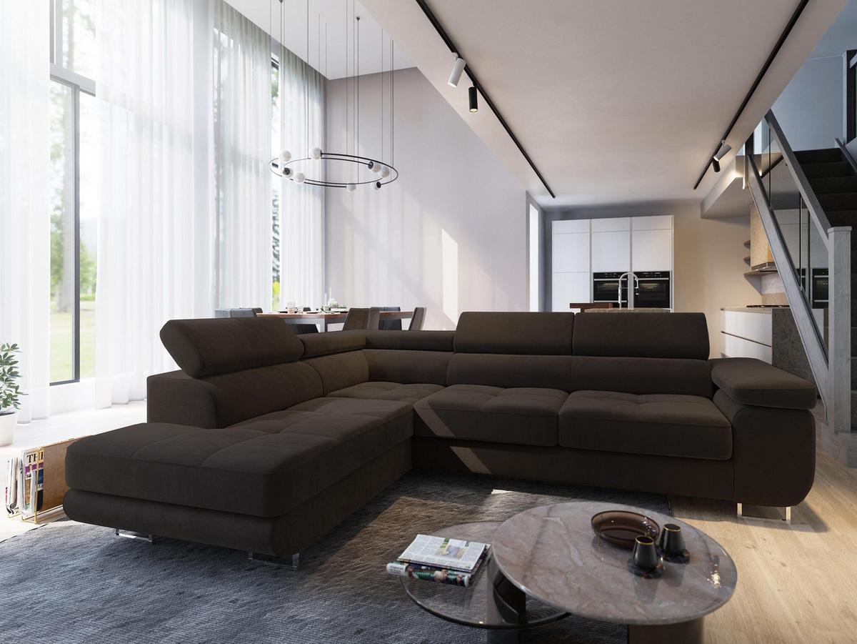ECKSOFA SELVA L-S Braun Velours-Stoff mit Schlaffunktion - Silberfarben/Braun, Holz/Holzwerkstoff (275/202cm) - MASSENO