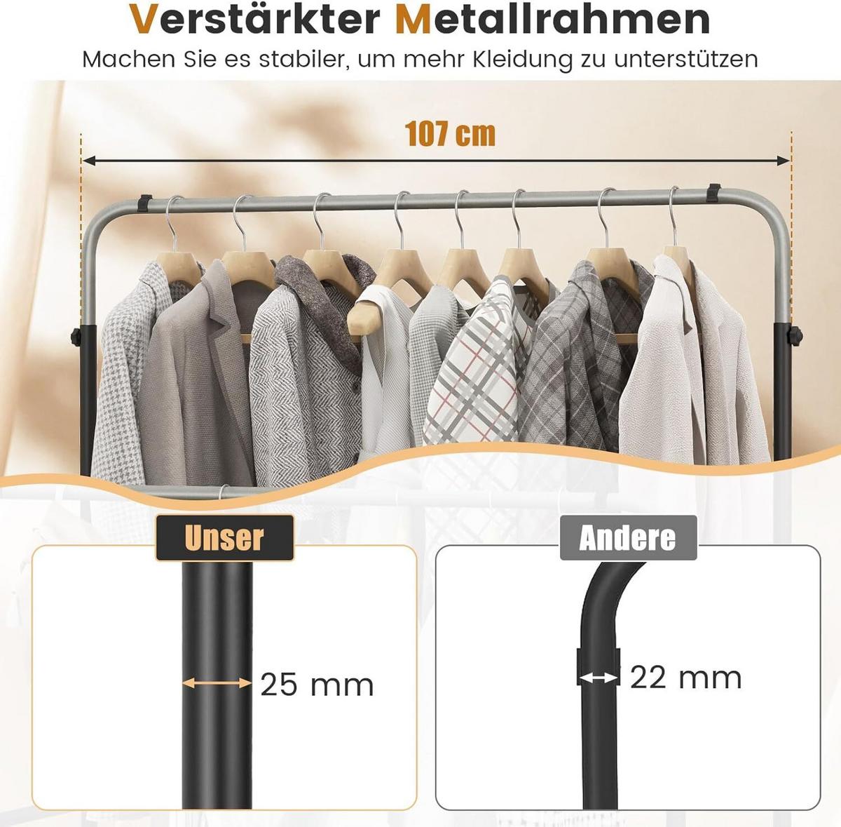 KLEIDERSTÄNDER 125cm Schwarz - Schwarz, Metall (108/125/50cm) - COSTWAY