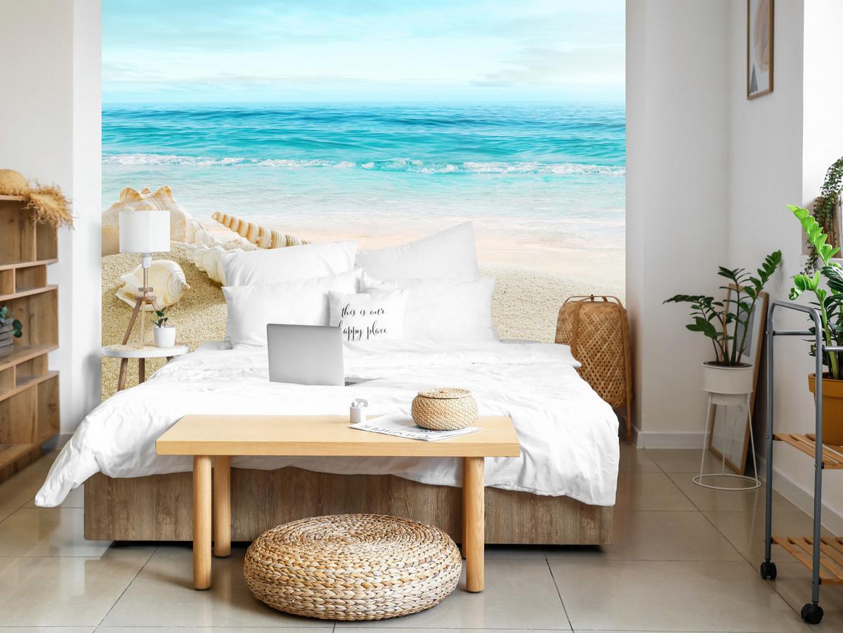 FOTOTAPETE für Badezimmer Muscheln Strand Sand Wellen Meer 500x350 - Beige/Weiß, Papier (500/350cm) - Muralo