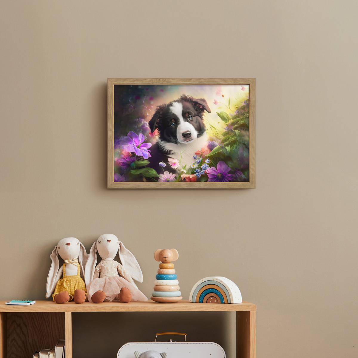 WANDLEUCHTE MIT AKKU Welpe - Sonne - Blumen - Natur - Border Collie - Hund 40x30 cm - Violett, Holzwerkstoff (40/30/8cm) - OnlyWow