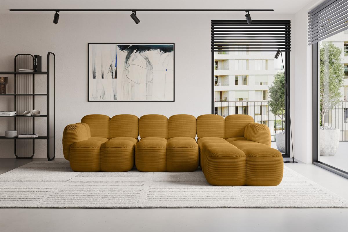 ECKSOFA modulares Sofa Rechts Miko-L2 302x205x75 Senfgelb Cord - Schwarz/Honig, Holzwerkstoff/Kunststoff (302/205cm) - ALTDECOR