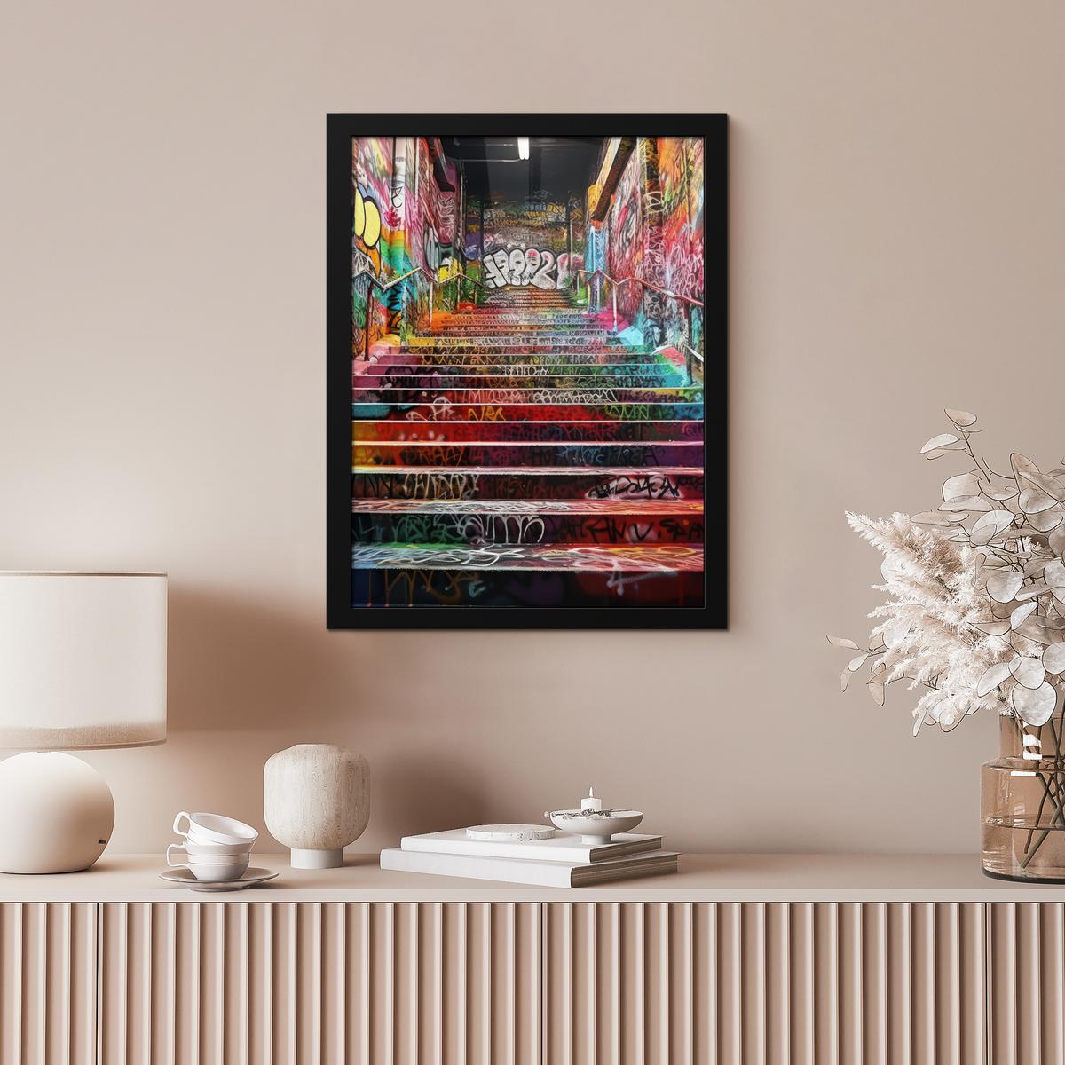 POSTER MIT RAHMEN Treppe - Graffiti - Farben - Kunst Bilderrahmen 30x40 cm - Multicolor, Papier (30/40cm) - MuchoWow