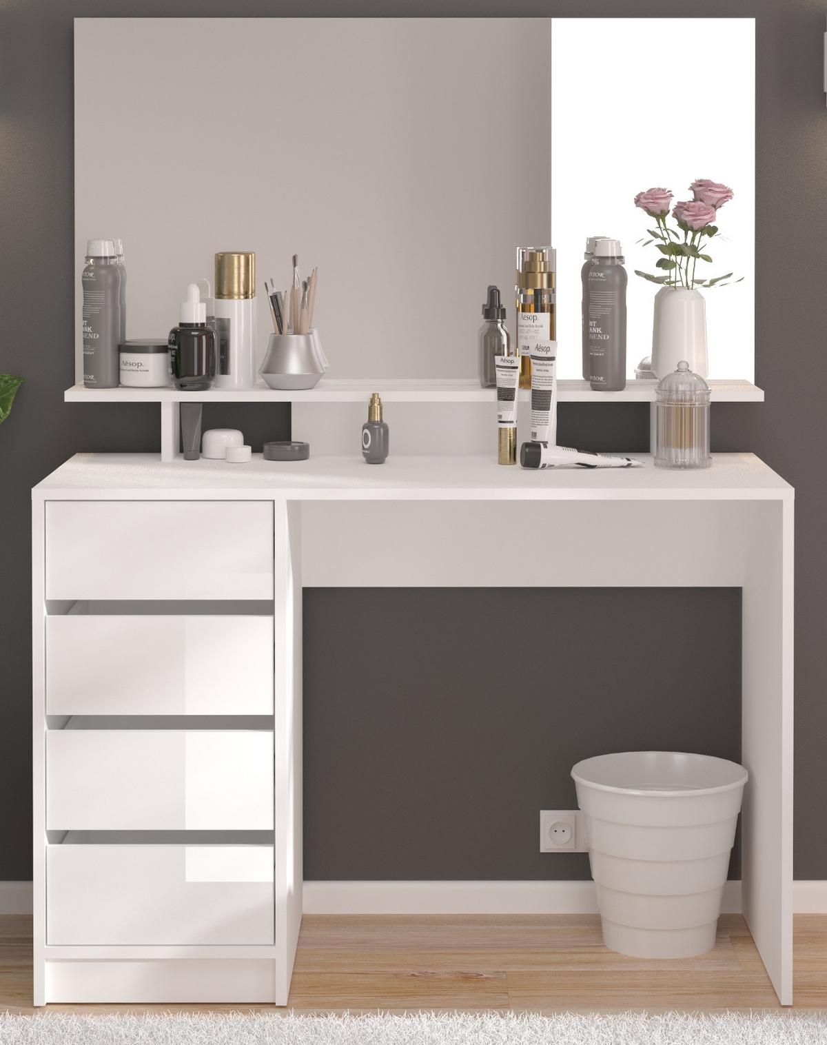 SCHMINKTISCH weiß Hochglanz 110 cm, Kosmetiktisch mit Schubladen und Spiegel - Weiß, Holzwerkstoff (110/145/48cm) - Inn.Furn