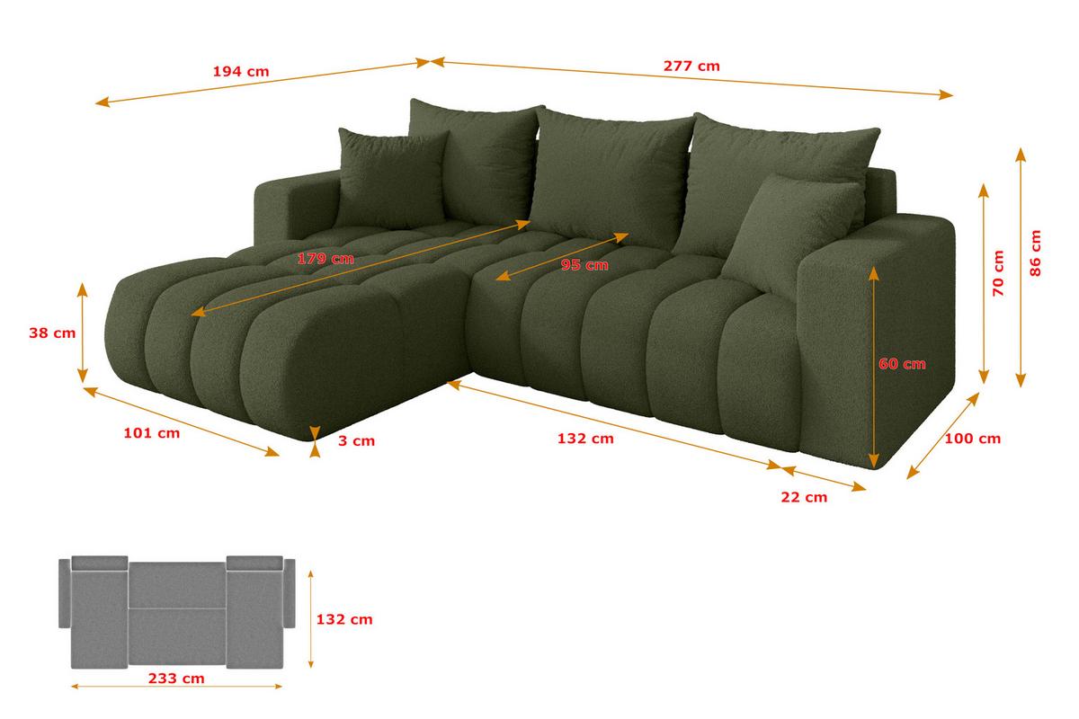 ECKSOFA mit Schlaffunktion Ottomane Links MILA-L-v1 277x195x86 Grün Bouclé - Schwarz/Olivgrün, Holzwerkstoff/Kunststoff (277/194cm) - ALTDECOR