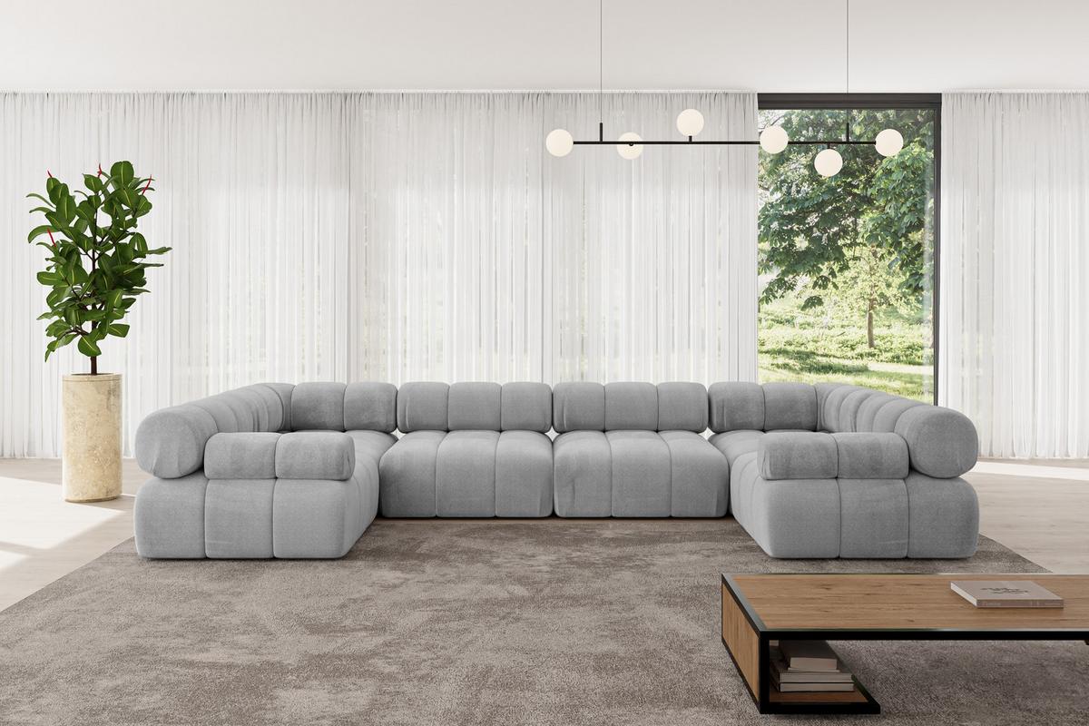WOHNLANDSCHAFT modulares Sofa Birno-U2 - 380x190x70 cm Hellgrau Velours - Hellgrau, Holzwerkstoff/Textil (380/70/190cm) - ALTDECOR