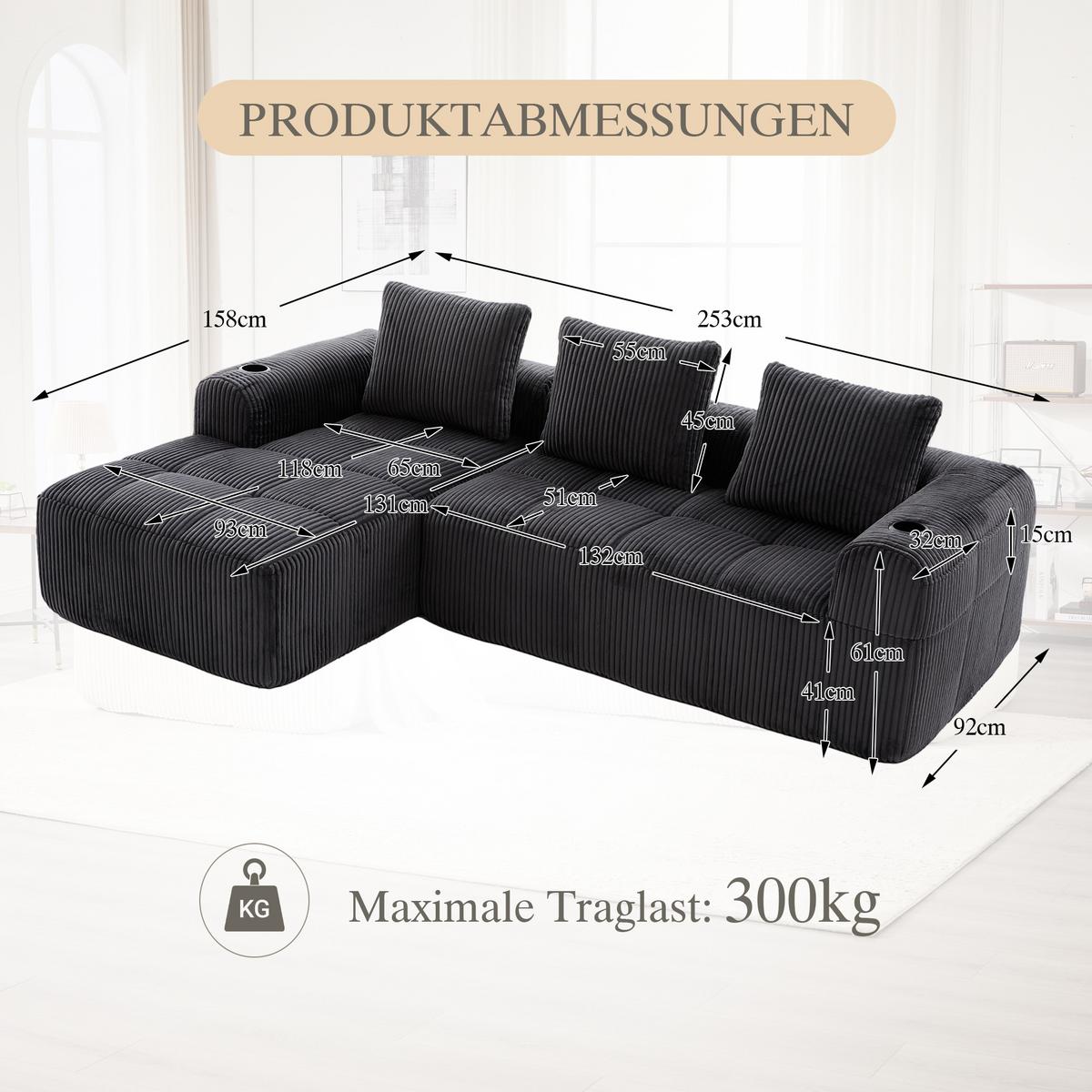 ECKSOFA 3-Sitzer mit Getränkehalter, Seitentaschen & 3 Kissen - Dunkelgrau, Textil (253/158cm) - Urban Meuble