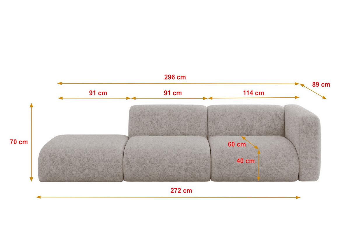 SOFA Ottomane Rechts MIRA-S3 296x89x70 Hellgrau Velours - Hellgrau/Schwarz, Holzwerkstoff/Kunststoff (296/70/89cm) - ALTDECOR