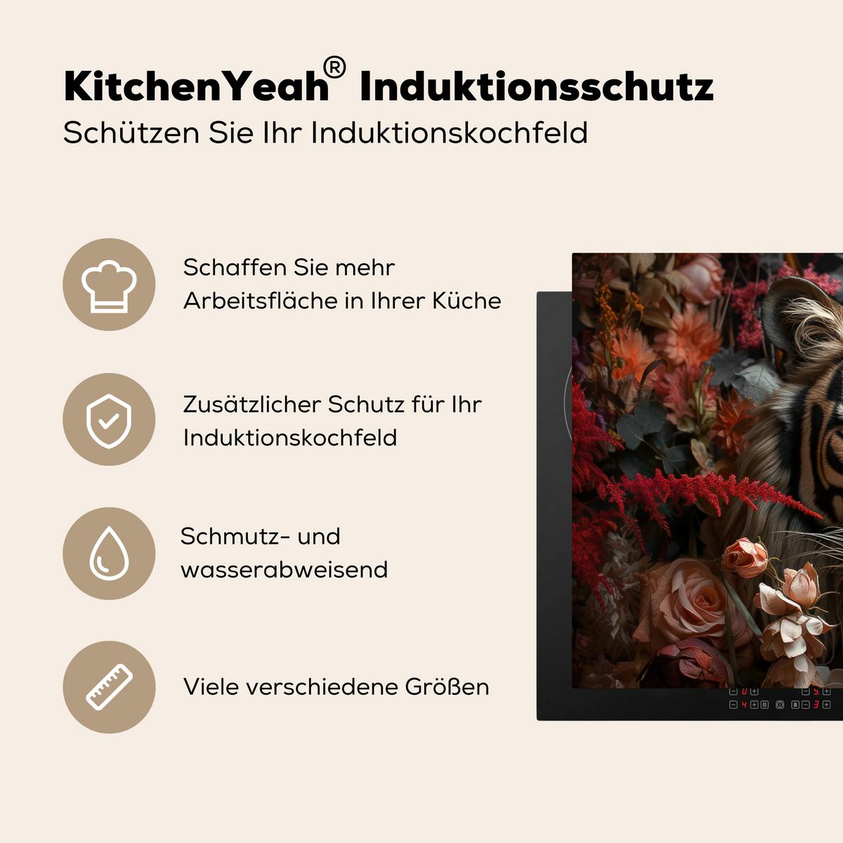HERDABDECKPLATTE Tiger - Tier - Natur - Floral - Botanisch Induktionsmatte 83x51 cm - Orange, Kunststoff (83/51.5/0.2cm) - MuchoWow