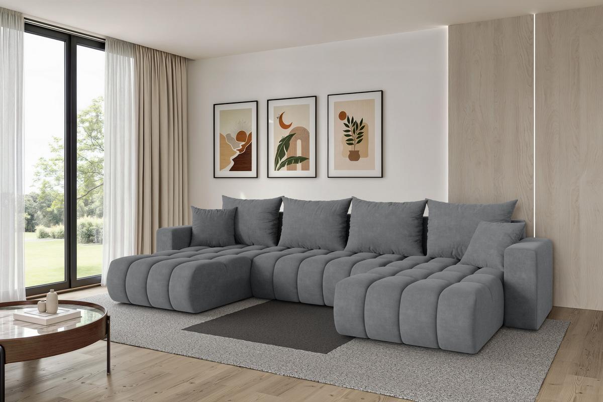 WOHNLANDSCHAFT mit Schlaffunktion und Bettkasten MILA-U-v1 378x194x86 Grau Velours - Taupe/Schwarz, Holzwerkstoff/Kunststoff (378/86/194cm) - ALTDECOR