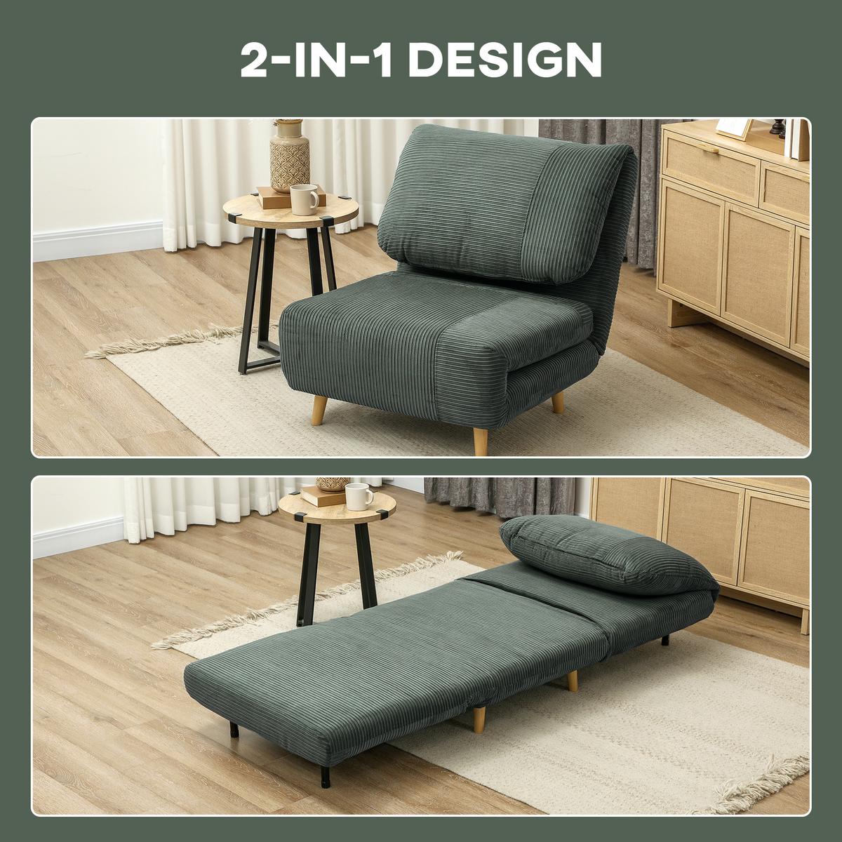 2-IN-1 Schlafsofa Schlafsessel Klappmatratze Gästebett Klappbett Grün - Naturfarben/Grün, Holz/Textil (87/89/82cm) - HOMCOM