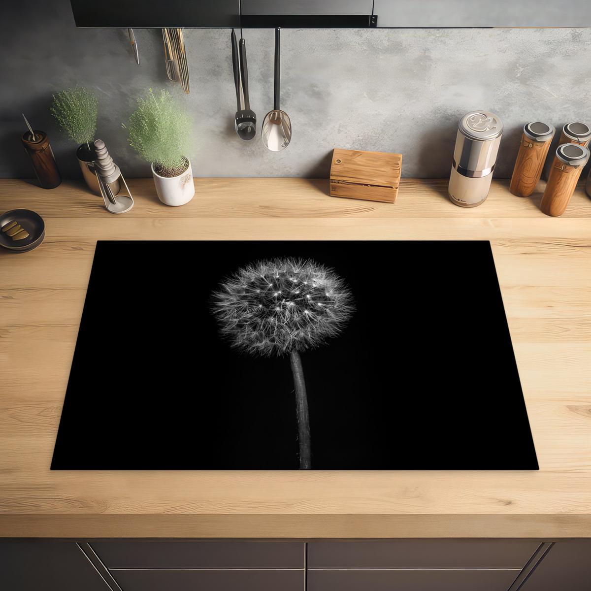 HERDABDECKPLATTE Löwenzahn - Schwarz - Floral - Botanisch Ceranfeldabdeckung 78x52 cm - Grau, Kunststoff (78/52/0.2cm) - MuchoWow