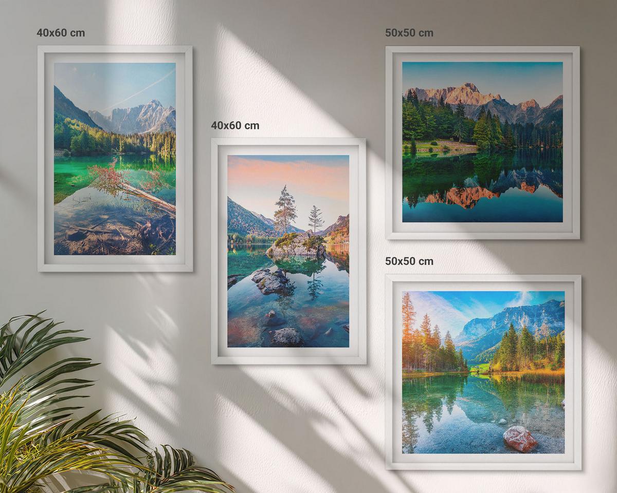 BILDER SET 4er Set - 50x50 cm & 40x60 cm Weißer Rahmen - Naturlandschaft der Bergseen - Weiß, Kunststoff (50/50cm) - TULUP