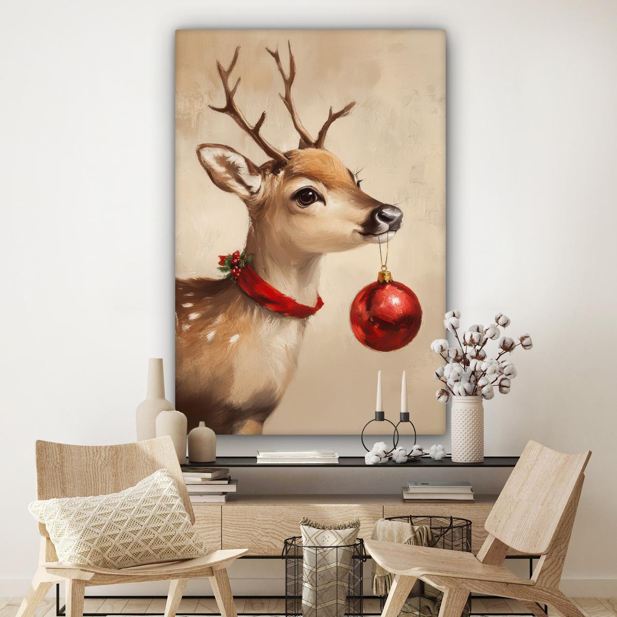 LEINWANDBILD Weihnachten - Hirsch - Geweih - Weihnachtskugel - Rentier Deko Groß 90x140 cm - Hellbraun, Textil (90/140cm) - MuchoWow