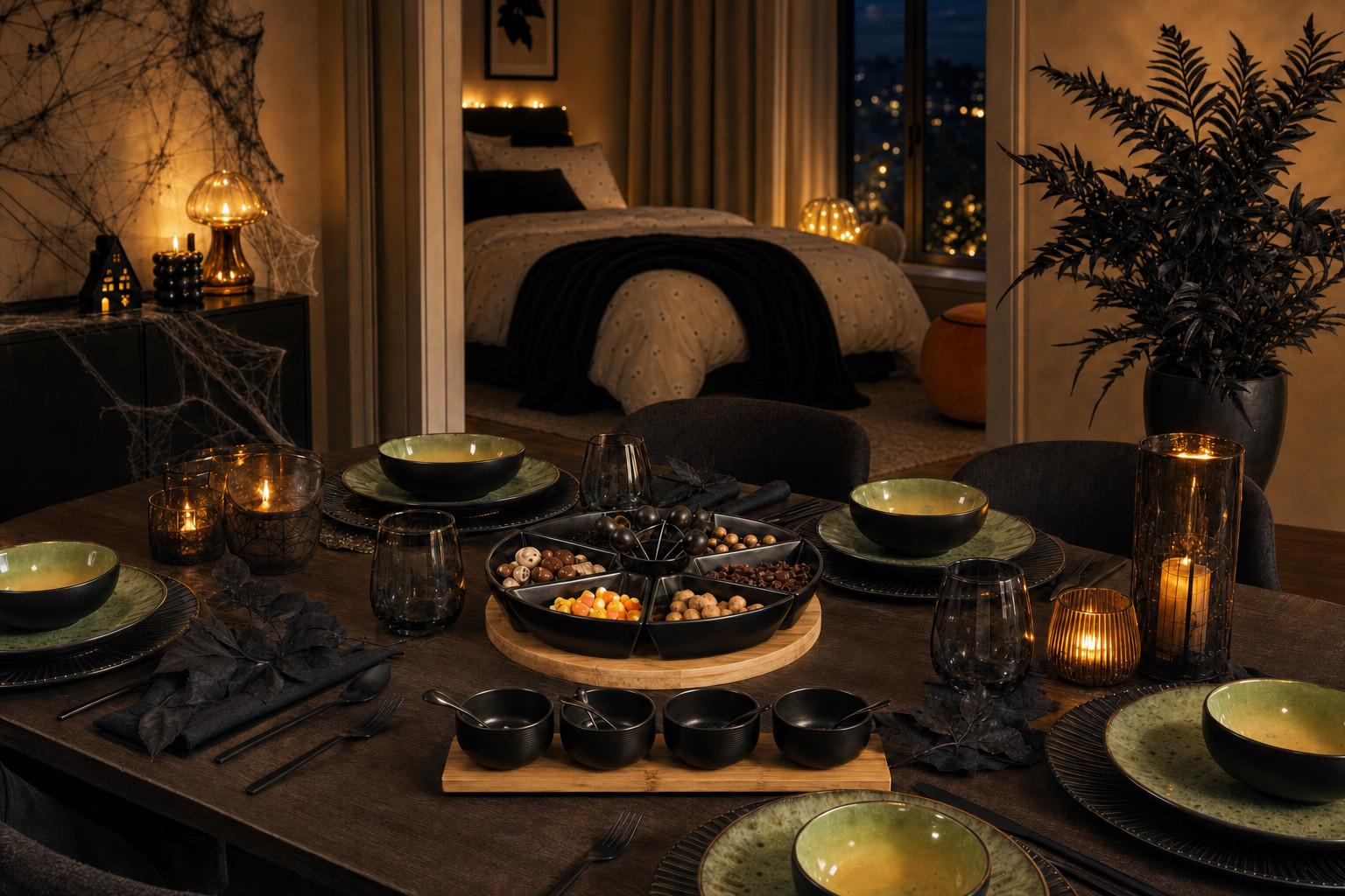 Cosy halloween étkező egy lakásban: az asztal fekete és zöld tányérokkal, tálakkal, matt fekete evőeszközökkel, fekete levelű növénnyel és meleg LED-fényekkel van megterítve. Az ablakokon túl esti fények látszanak.