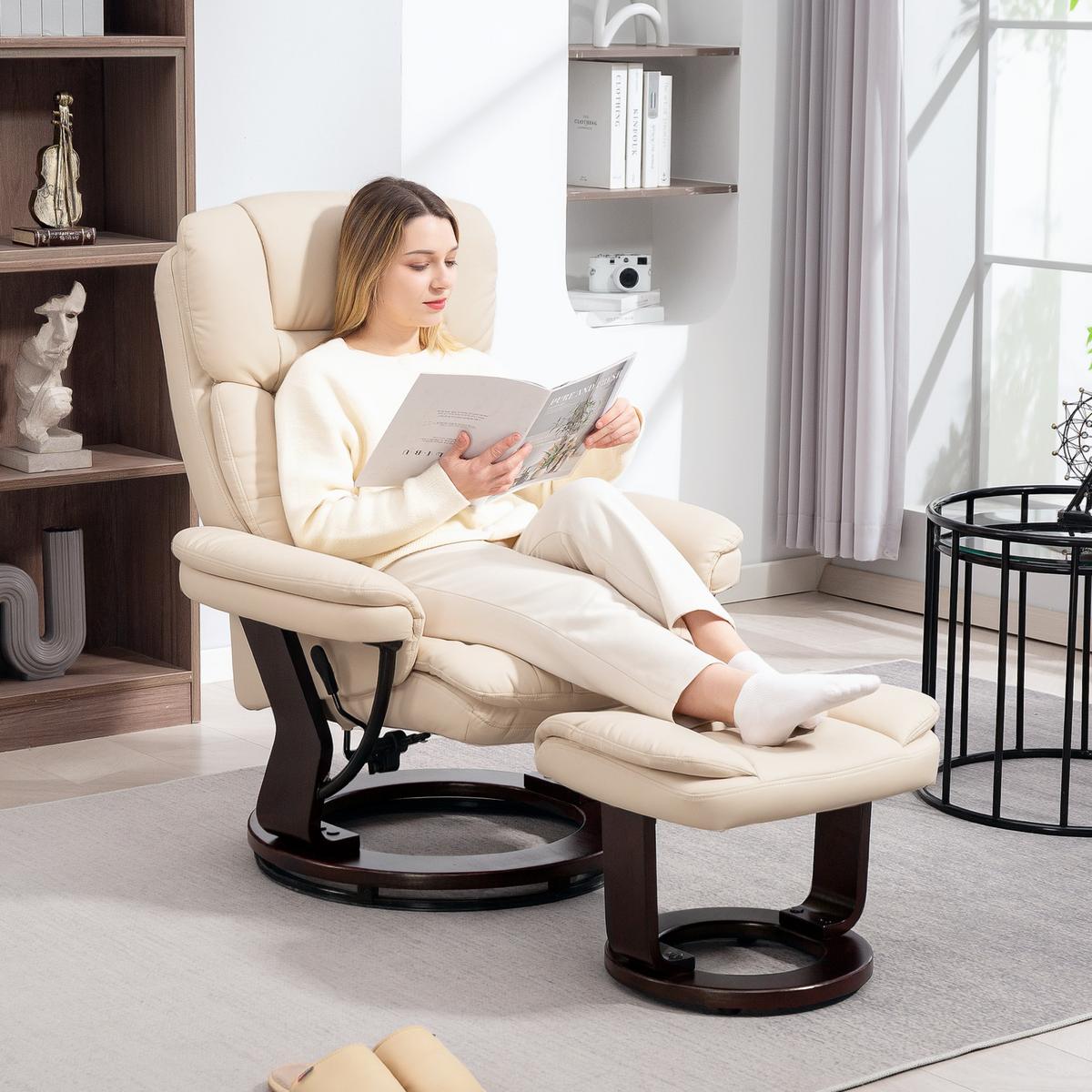 RELAXSESSEL mit Hocker drehbarer Fernsehsessel mit Liegefunktion Taschenfeder - Creme, Leder (83/107/86cm) - HOMCOM
