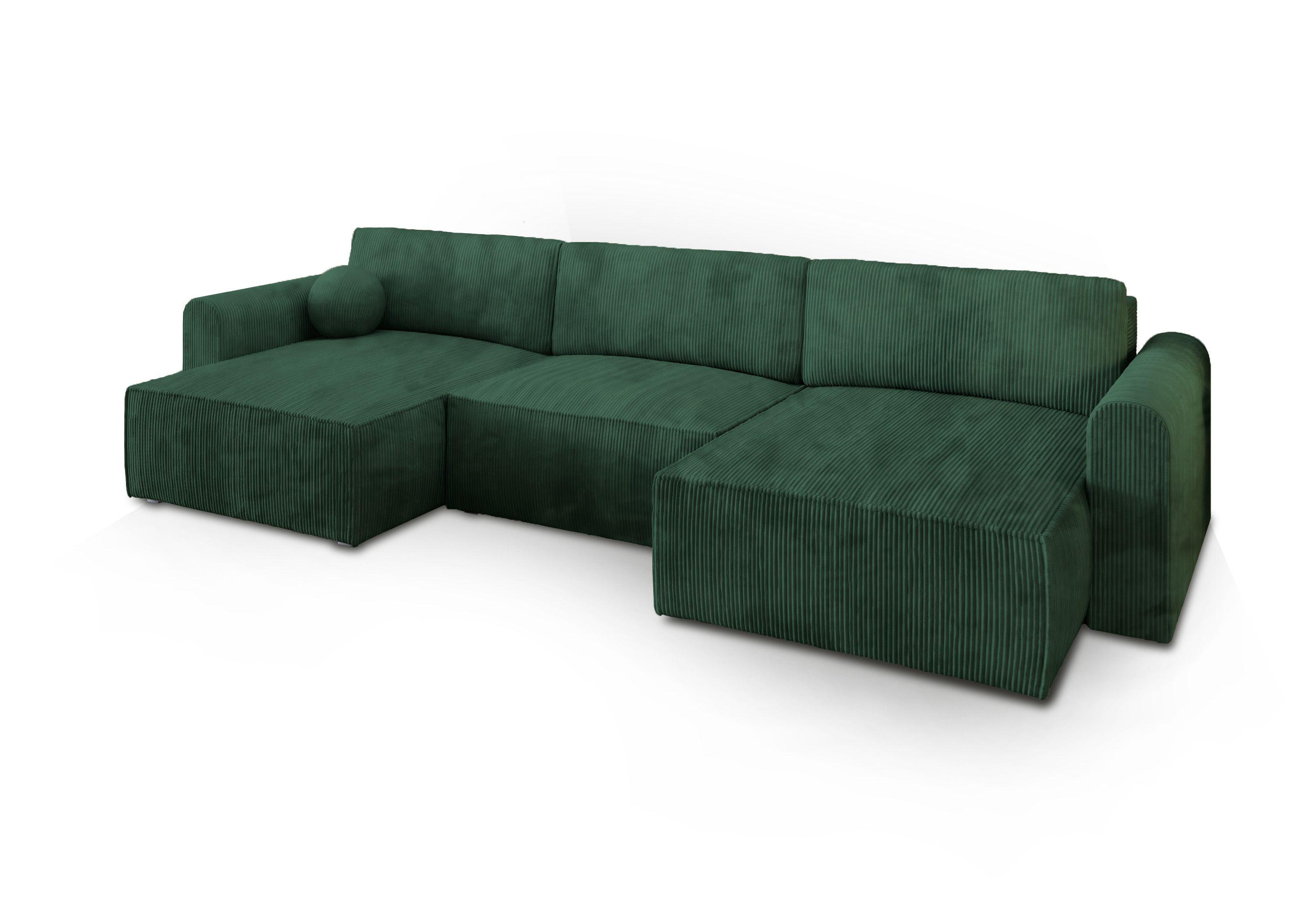 WOHNLANDSCHAFT FENTO P Grün Kordstoff mit Schlaffunktion - Grau/Grün, Holz/Kunststoff (347/90/148cm) - MASSENO