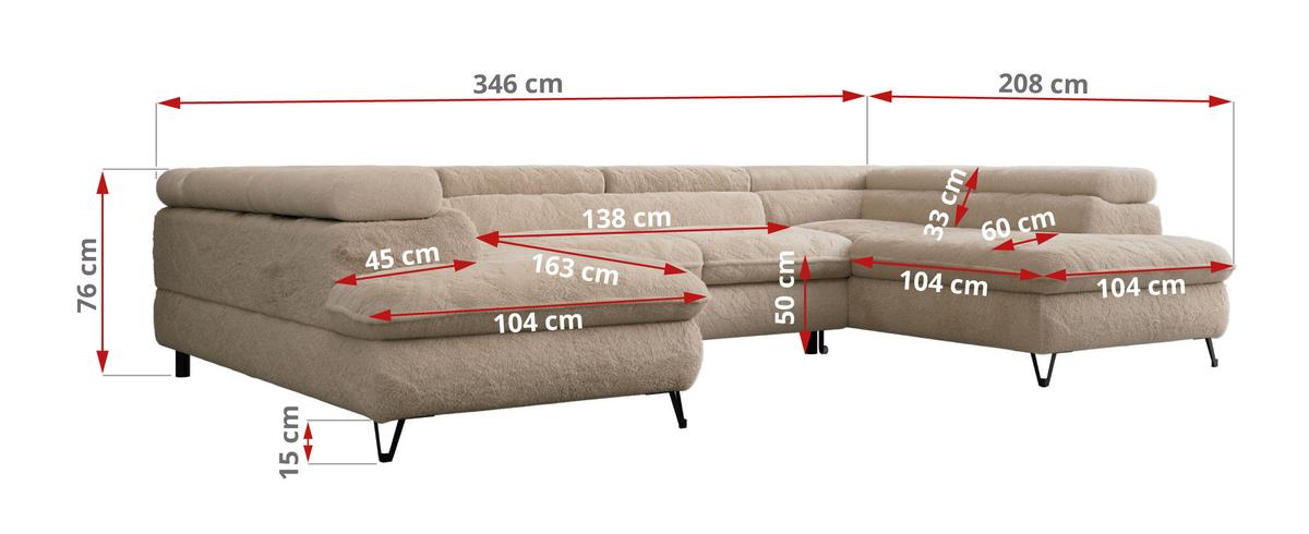WOHNLANDSCHAFT PEDRO U Plüsch Beige - Beige/Schwarz, Textil/Metall (346/76/208cm) - MKS