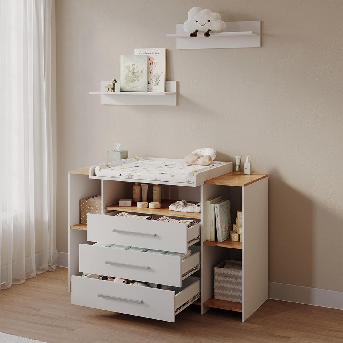 WICKELKOMMODE Torino Weiß/Goldkraft Eiche mit 3 Schubladen - Honigeiche/Weiß, Holzwerkstoff (143.2/93/53.1cm) - Livinity®