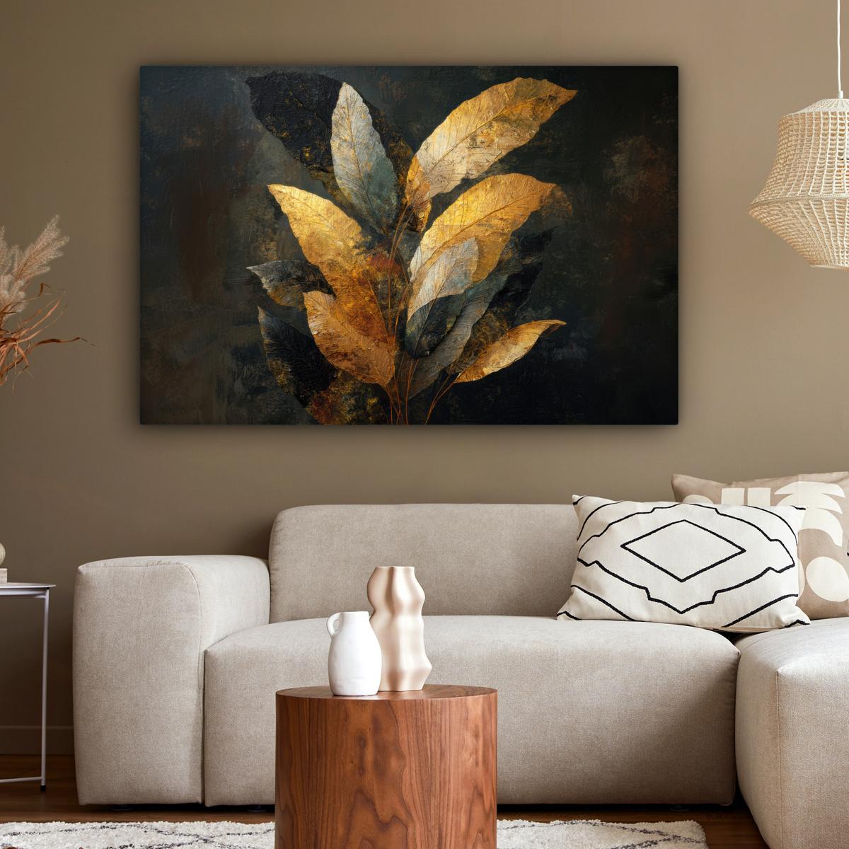 LEINWANDBILD Golden Leaf Komposition - Botanical Luxury Groß 140x90 cm - Goldfarben/Schwarz, Textil (140/90cm) - MuchoWow
