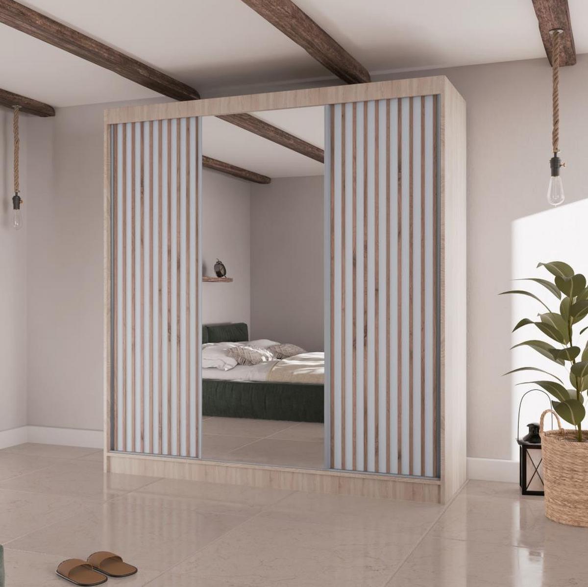 SCHWEBETÜRENSCHRANK Lico II 200/61/215 eiche sonoma+weiß - Weiß/Sonoma Eiche, Holzwerkstoff (200/215/61cm) - Beautysofa