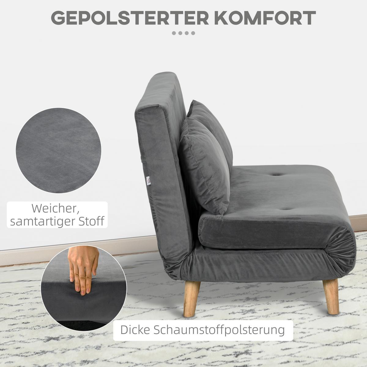 SCHLAFSOFA 2-Sitzer Sofa mit Bettfunktion Klappsofa mit verstellbare Rückenlehne - Naturfarben/Grau, Holz/Textil (78/79/130cm) - HOMCOM