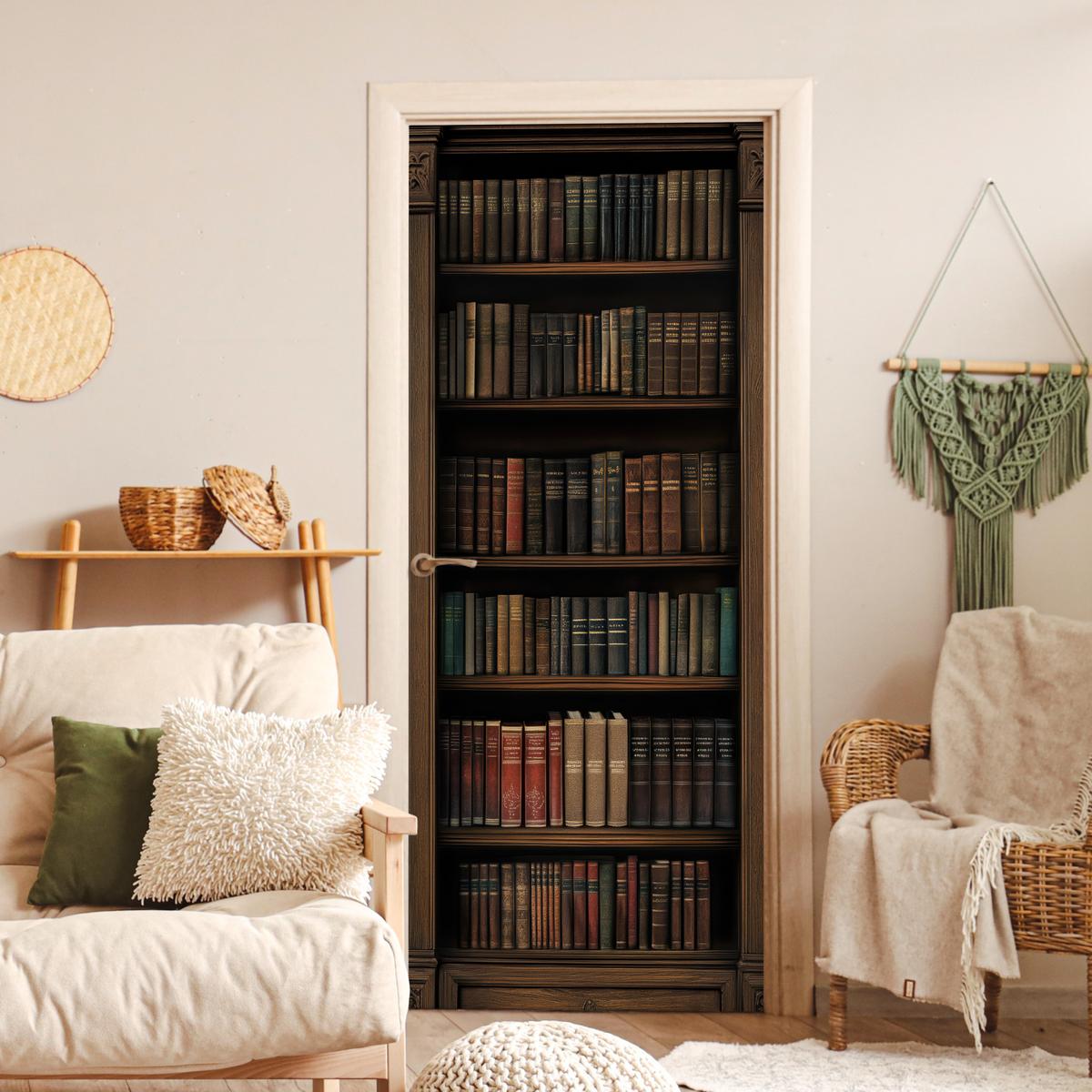 TÜRAUFKLEBER Bücherregal - Vintage - Braun 90x215 cm - Türtapete - Nussbaumfarben, Kunststoff (90/0.1cm) - MuchoWow