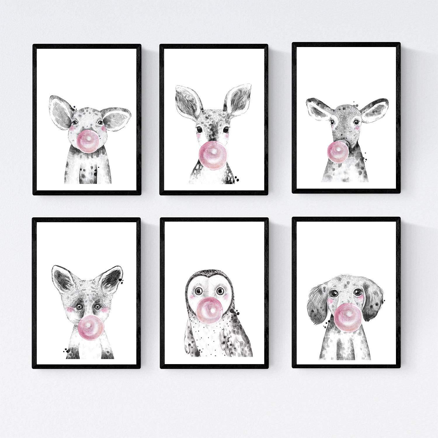 POSTER Set Mit 6 Tiere Babys Mit Kaugummi Pork Hirsch Vaca Zorro Eulenhund A4 Schwarzer Rahmen - Schwarz, Papier (29/3cm) - Nacnic