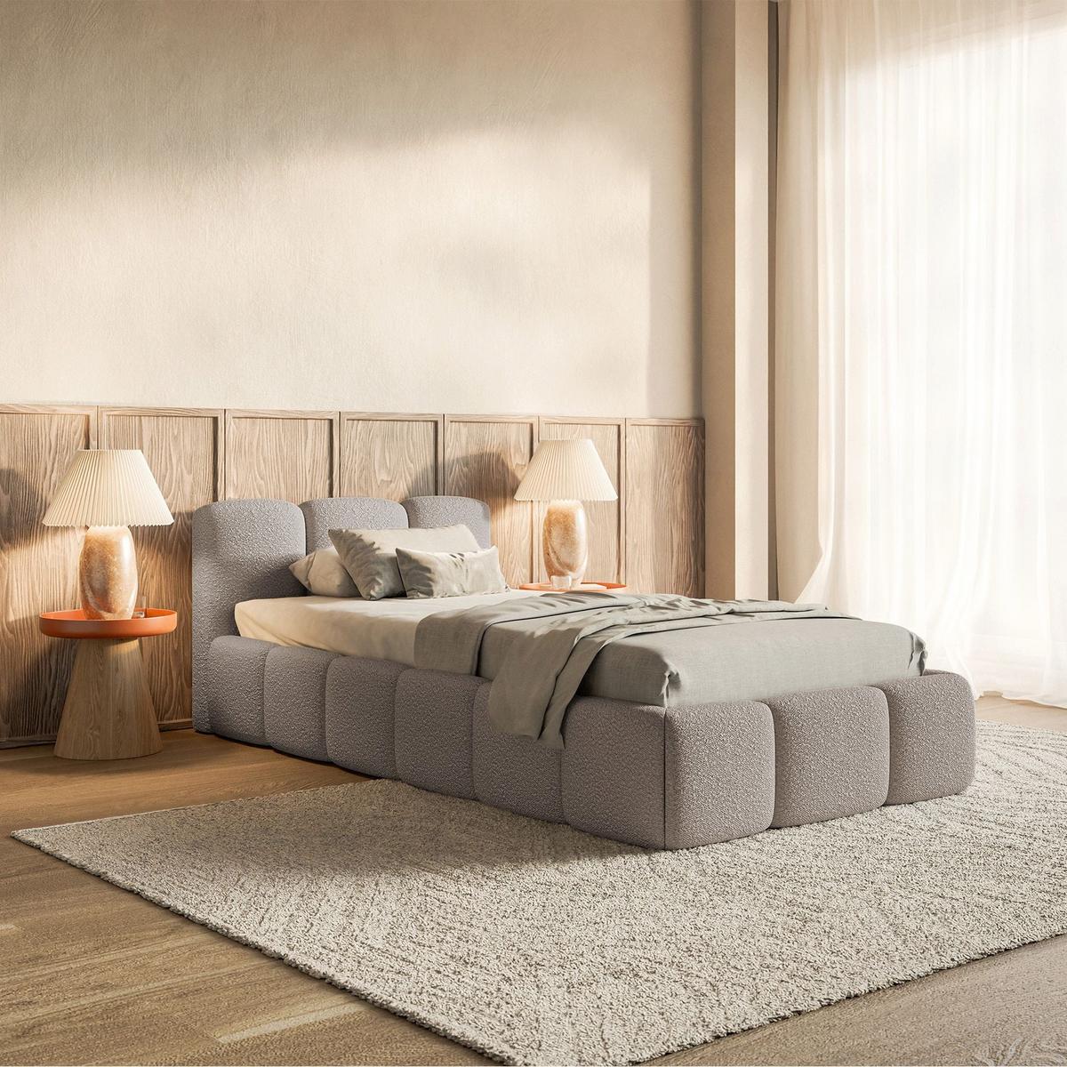 POLSTERBETT Cloudy Low Hellgrau Bouclé, Bettkasten & Lattenrost, 90x200 cm - Hellgrau/Schwarz, Kunststoff/Textil (90/200cm) - Selsey