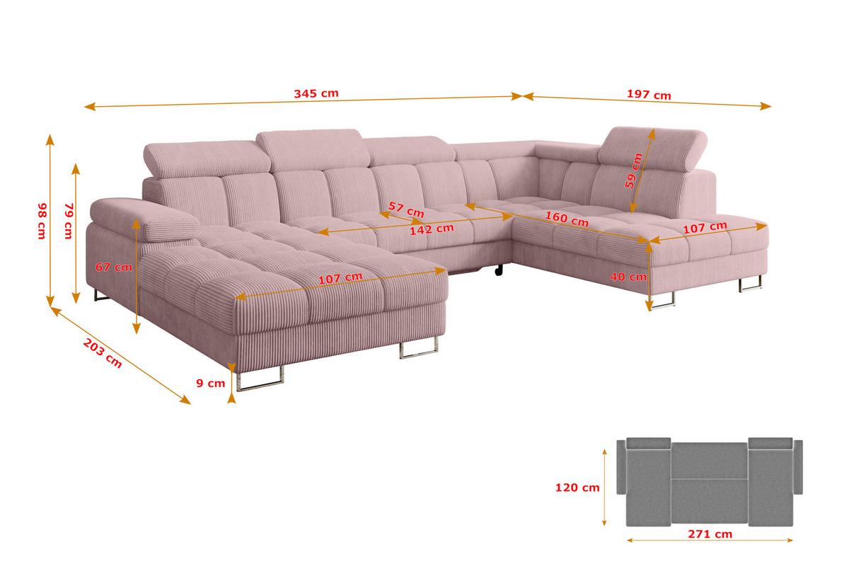 WOHNLANDSCHAFT mit Schlaffunktion und Bettkasten Ottomane RECHTS COMA U 345x203x79 Rosa Cord - Rosa, Holzwerkstoff/Textil (203/79/345cm) - ALTDECOR