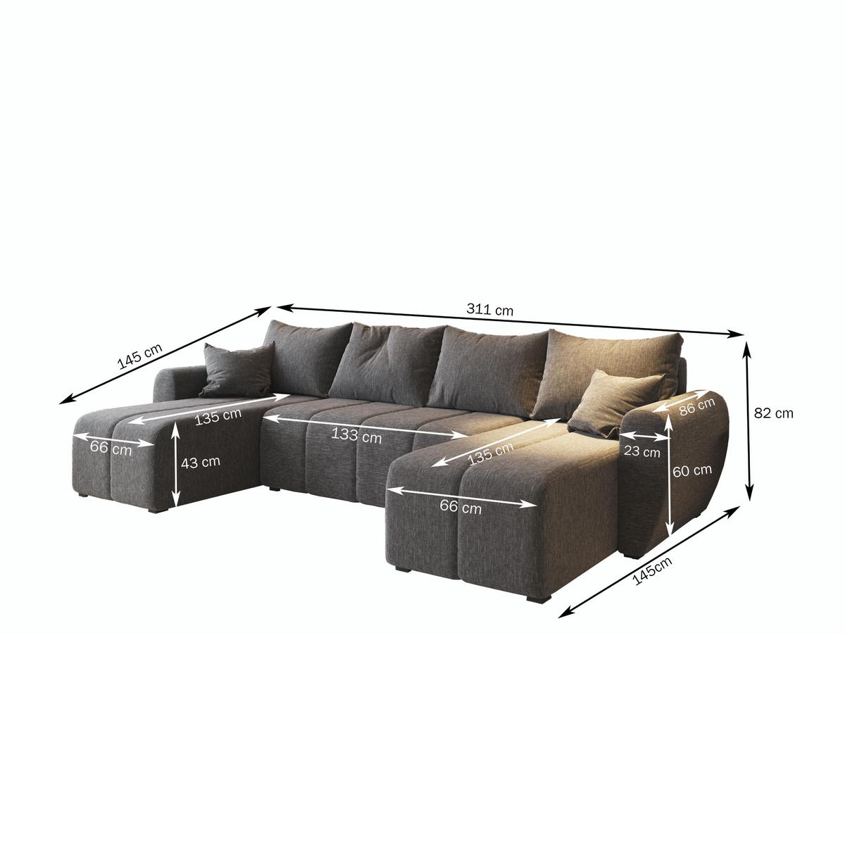 WOHNLANDSCHAFT MADISON U Grau Plüsch-Stoff mit Schlaffunktion - Schwarz/Grau, Holz/Kunststoff (311/82/145cm) - MASSENO