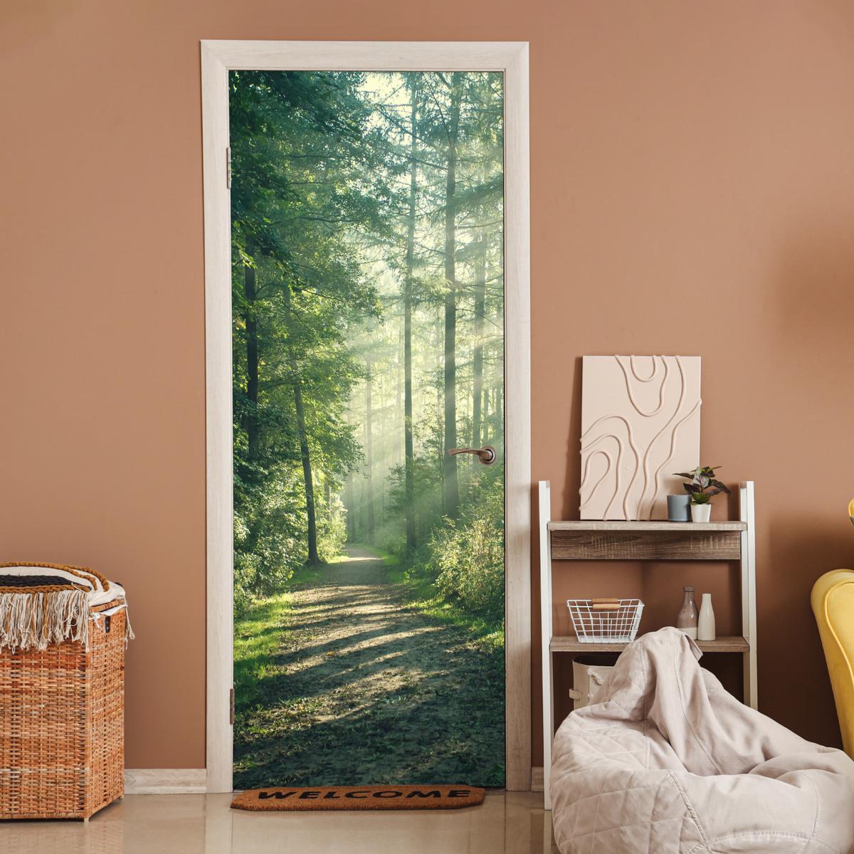 TÜRAUFKLEBER Wald - Weg - Sonne - Bäume - Grün - Natur 90x235 cm - Türtapete - Waldgrün, Kunststoff (90/0.1cm) - MuchoWow
