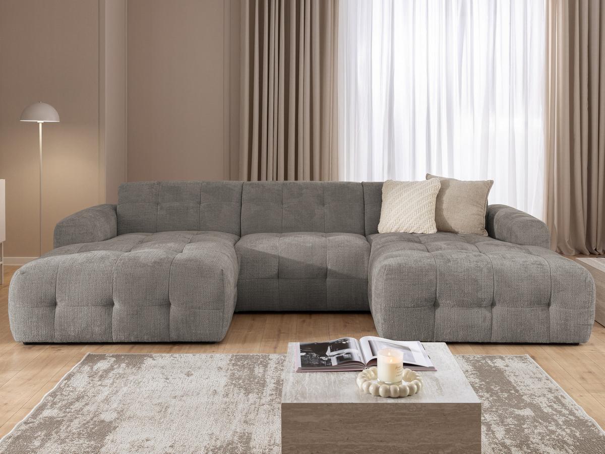 WOHNLANDSCHAFT Kozy im Bumpy-Design mit fester Rückenlehne aus weichem Taupe Chenille-Stoff - Taupe/Schwarz, Holz/Kunststoff (323/79/161cm) - S-Style