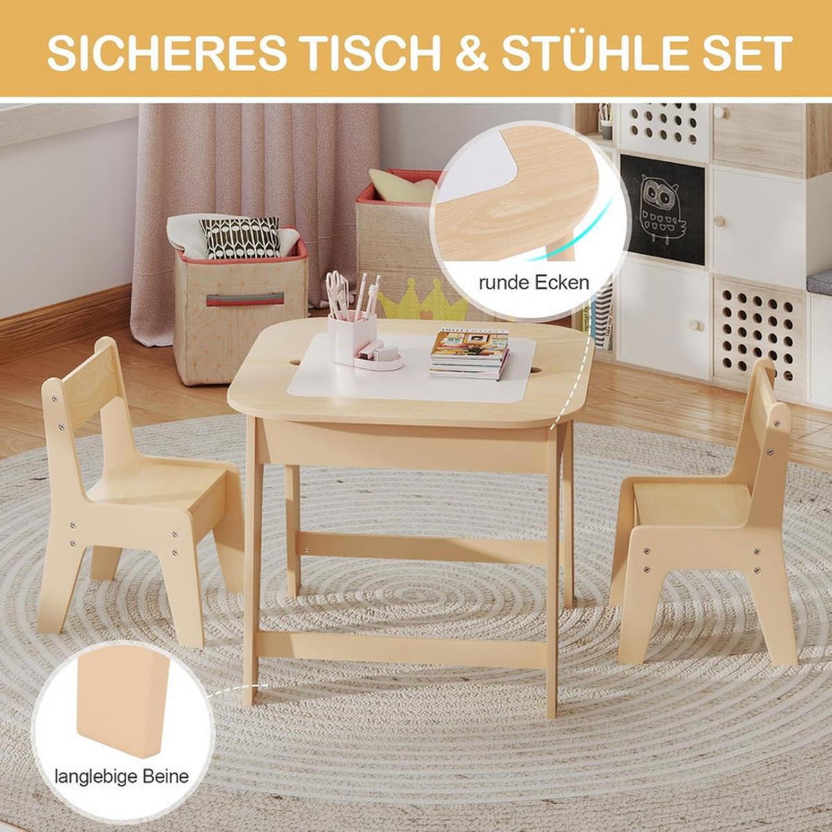KINDERTISCH mit 2 Stühlen natur (3-tlg) - Naturfarben, Holzwerkstoff (60/49/60cm) - COSTWAY