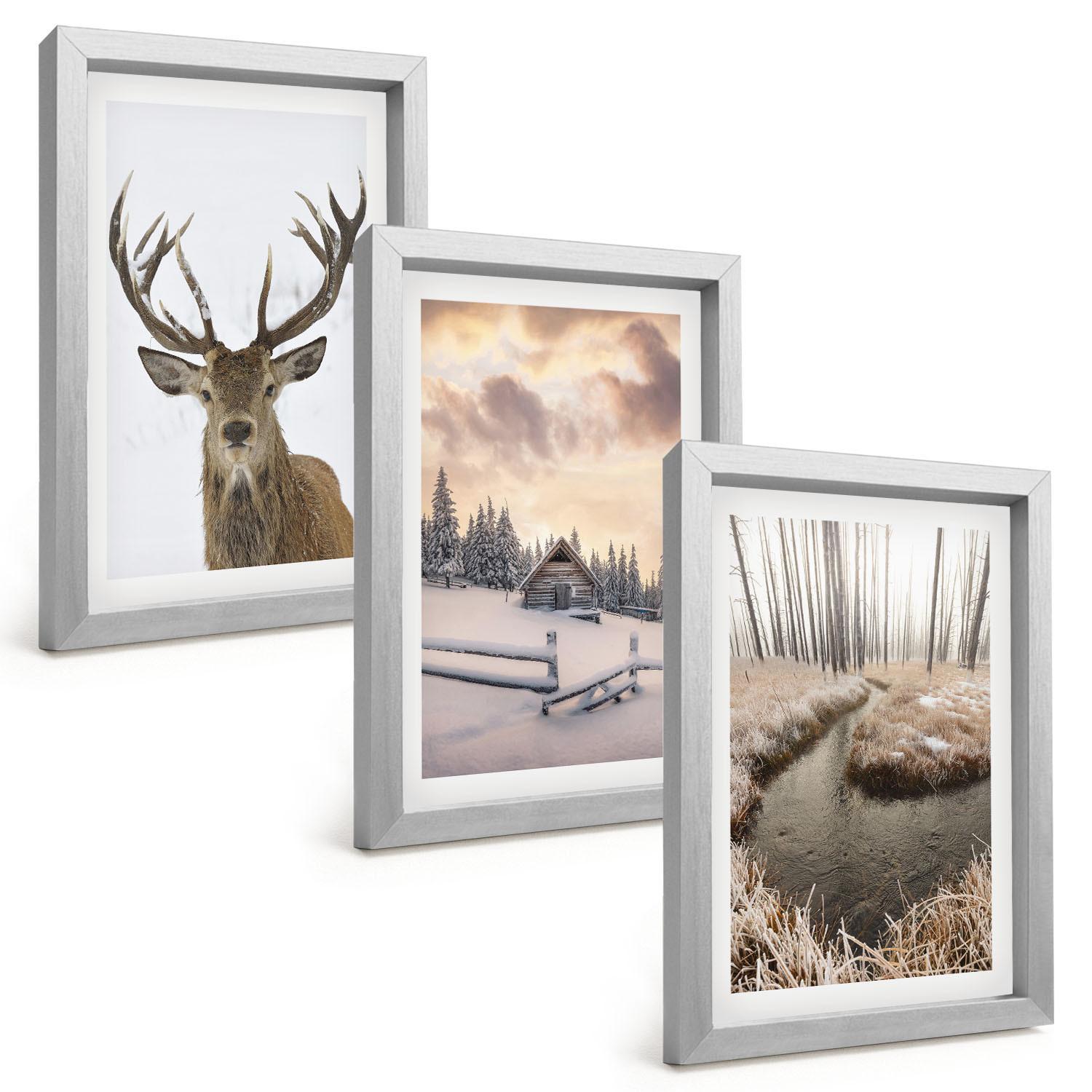 BILDER SET 3er Set - 20x30 cm Silberner Rahmen - Hirschhütte in Winterlandschaft - Silberfarben, Kunststoff (20/30cm) - TULUP