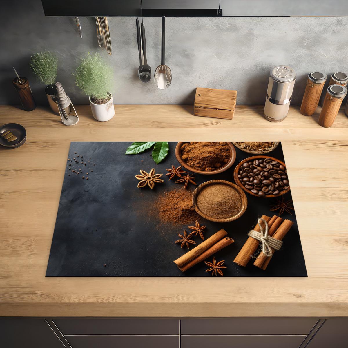 HERDABDECKPLATTE Zimt - Beton - Kaffee - Zimtstangen - Gewürze Herdabdeckung Induktionsfeld 70x52 cm - Mokka, Kunststoff (70/52/0.2cm) - MuchoWow