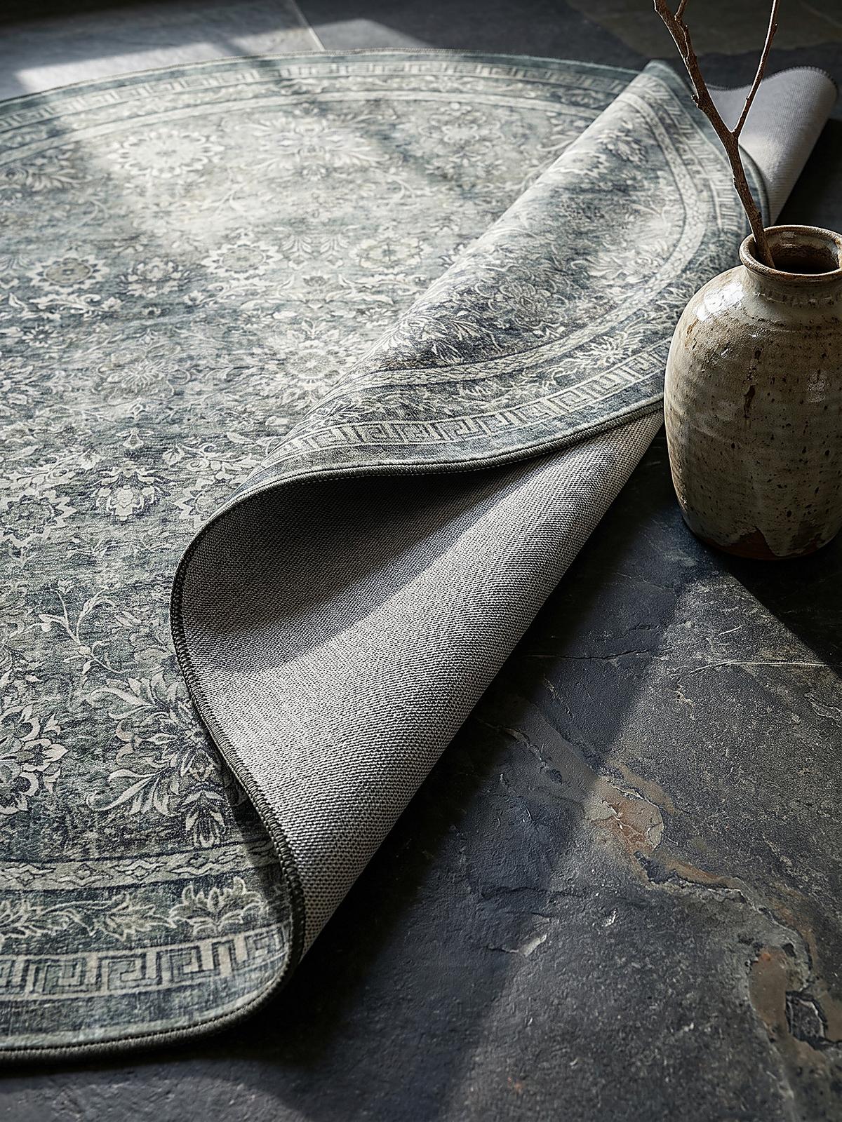 TEPPICH Kurzflor, waschbar, mit floralen Ornamenten, VERNANTE in Grün-Grau, Ø 160 cm - Grün, Textil (160/160cm) - KADIMA DESIGN