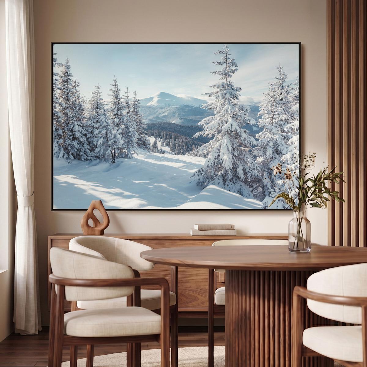 LEINWAND Bilder mit Rahmen - Winterlandschaft - Natur - Berge - Bäume - Schnee - 140x90 - Hellblau, Textil (140/90cm) - MuchoWow