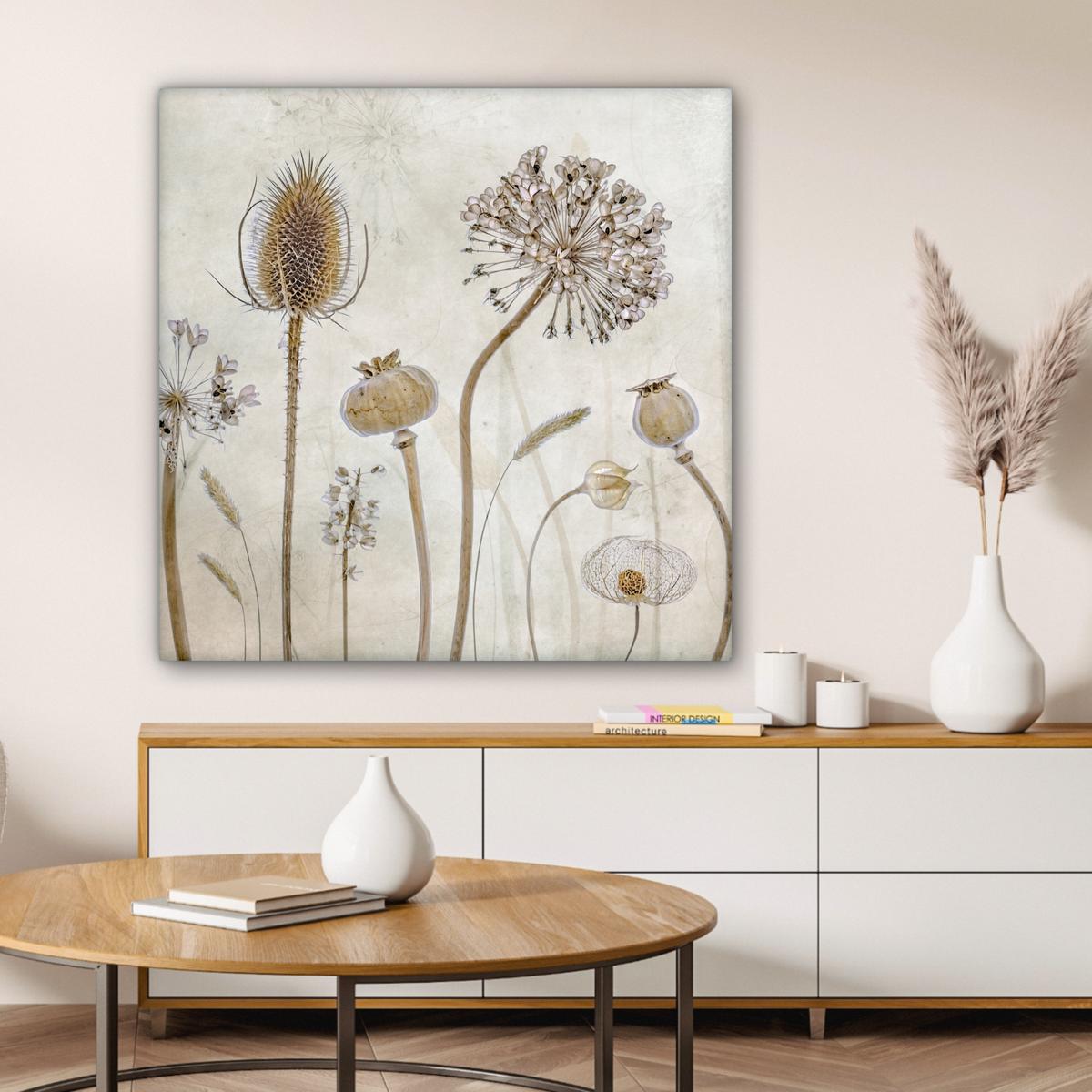 LEINWANDBILD Blumen - Aquarell - Stilleben - Braun - Vintage Deko Groß 90x90 cm - Beige, Textil (90/90cm) - MuchoWow