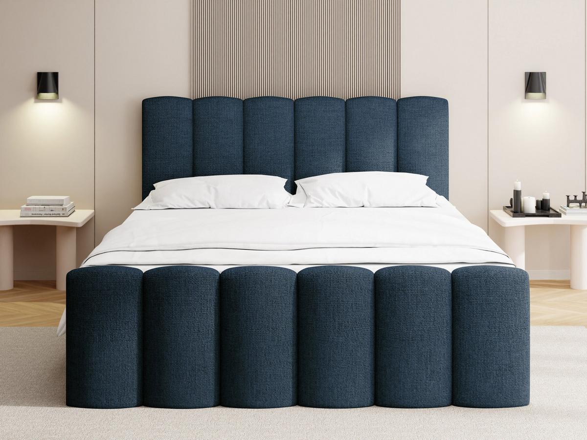 BOXBETT Serenity mit Bettkasten, Dunkelblau Chenille 140x200 cm – inkl. H4 Taschenfederkern Matratze & Foam Topper - Schwarz/Dunkelblau, Holz/Holzwerkstoff (140/200cm) - WFL GROUP