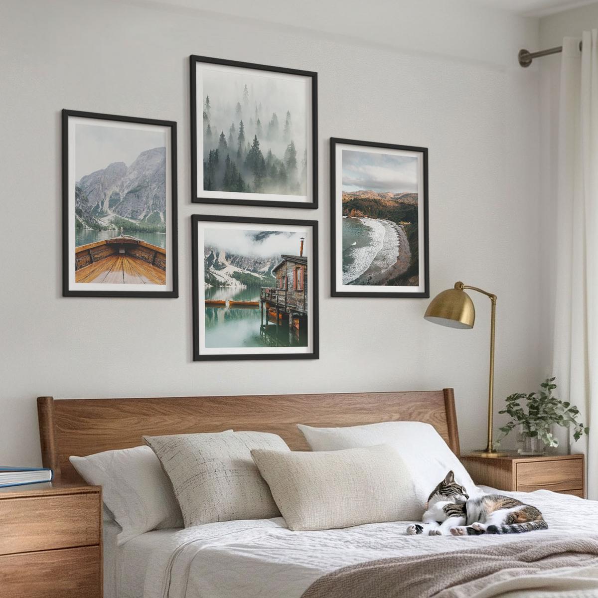 BILDER SET 4er Set - 50x50 cm & 40x60 cm Schwarzer Rahmen - Berge, See, Boot, Nebel, Strand - Schwarz, Kunststoff (50/50cm) - TULUP