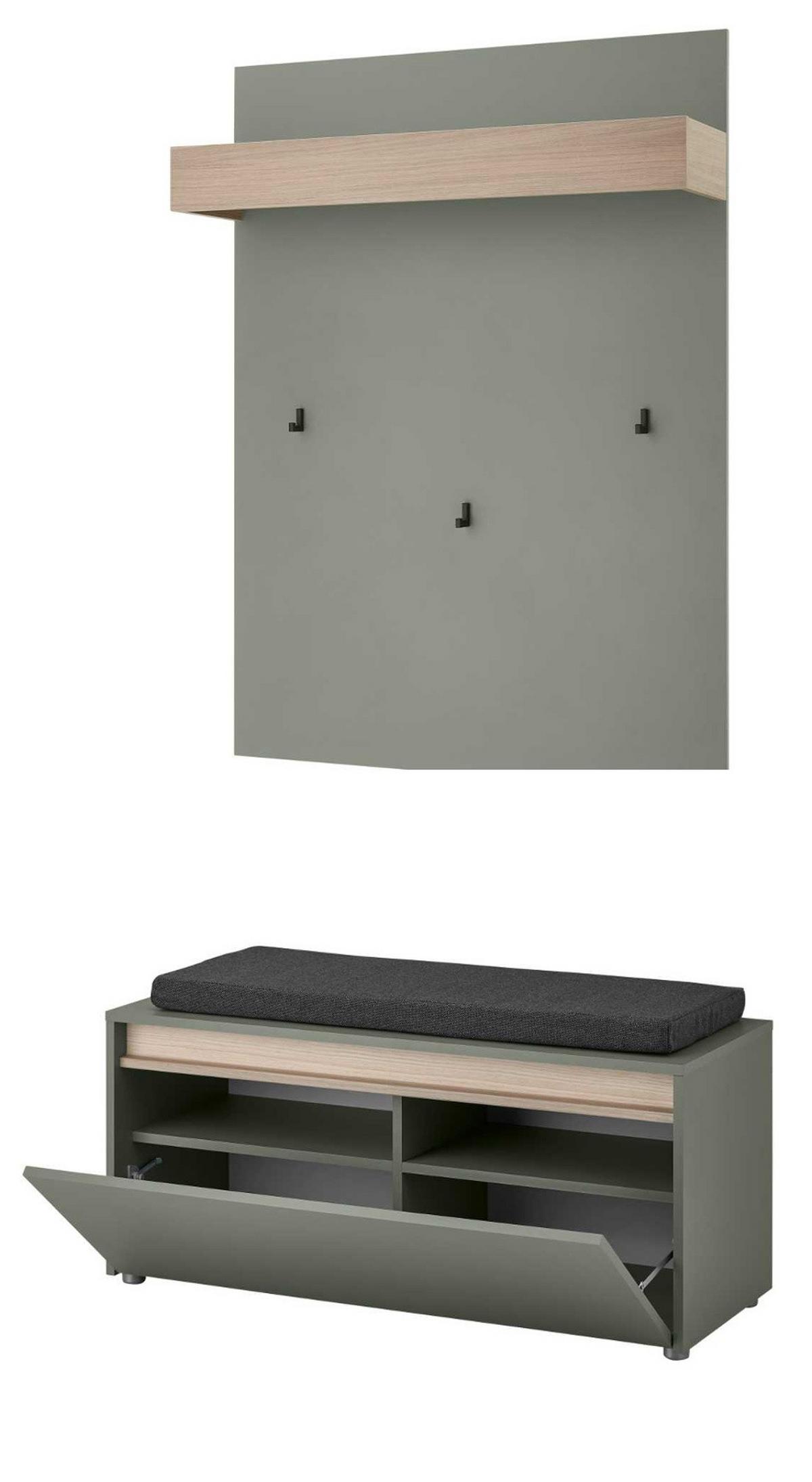 GARDREROBE Set 2-teilig Salbei Grün mit Eiche, Schuhbank und Wandgarderobe 100 x 200 cm, inkl. Sitzkissen - Salbeigrün/Dunkelgrau, Holz/Holzwerkstoff (100/200/40cm) - Furn.Design