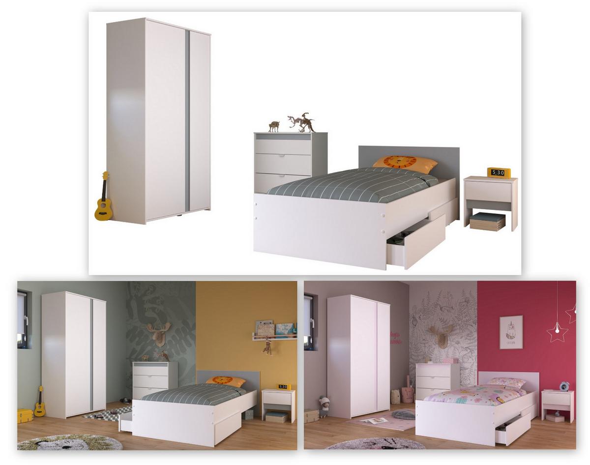 KINDERZIMMER Set 4-tlg. mit Kleiderschrank Kommode Nachttisch und Stauraumbett 90x200 - Weiß/Rosa, Holzwerkstoff/Kunststoff (100/182/203cm) - Parisot Meuble