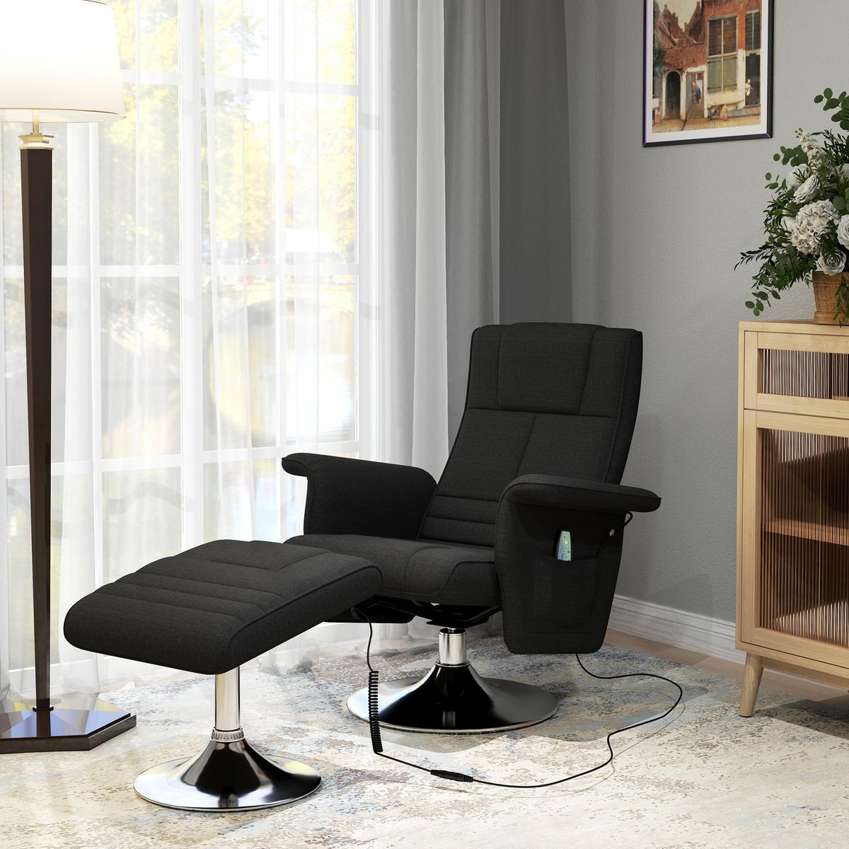 MASSAGESESSEL mit Fußhocker, elektrischer Relaxsessel mit Liegefunktion Schwarz - Schwarz, Textil/Metall (95/88/78cm) - HOMCOM