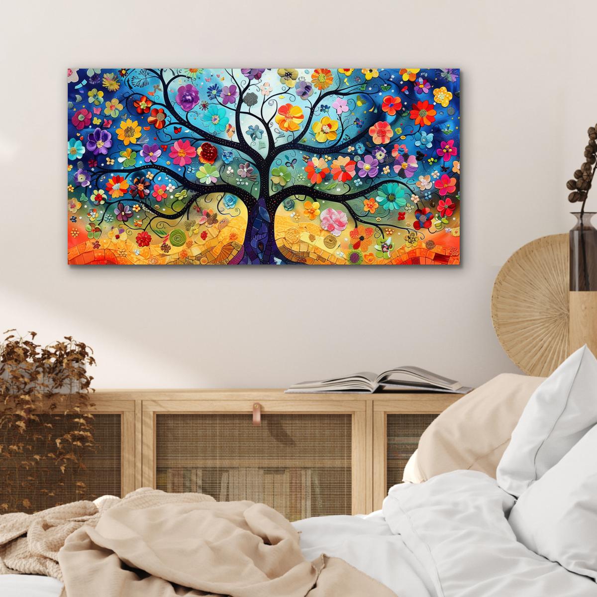 METALLBILD Kunst - Baum des Lebens - Blumen - Hippie 80x40 cm - Dunkelblau, Metall (80/40cm) - MuchoWow