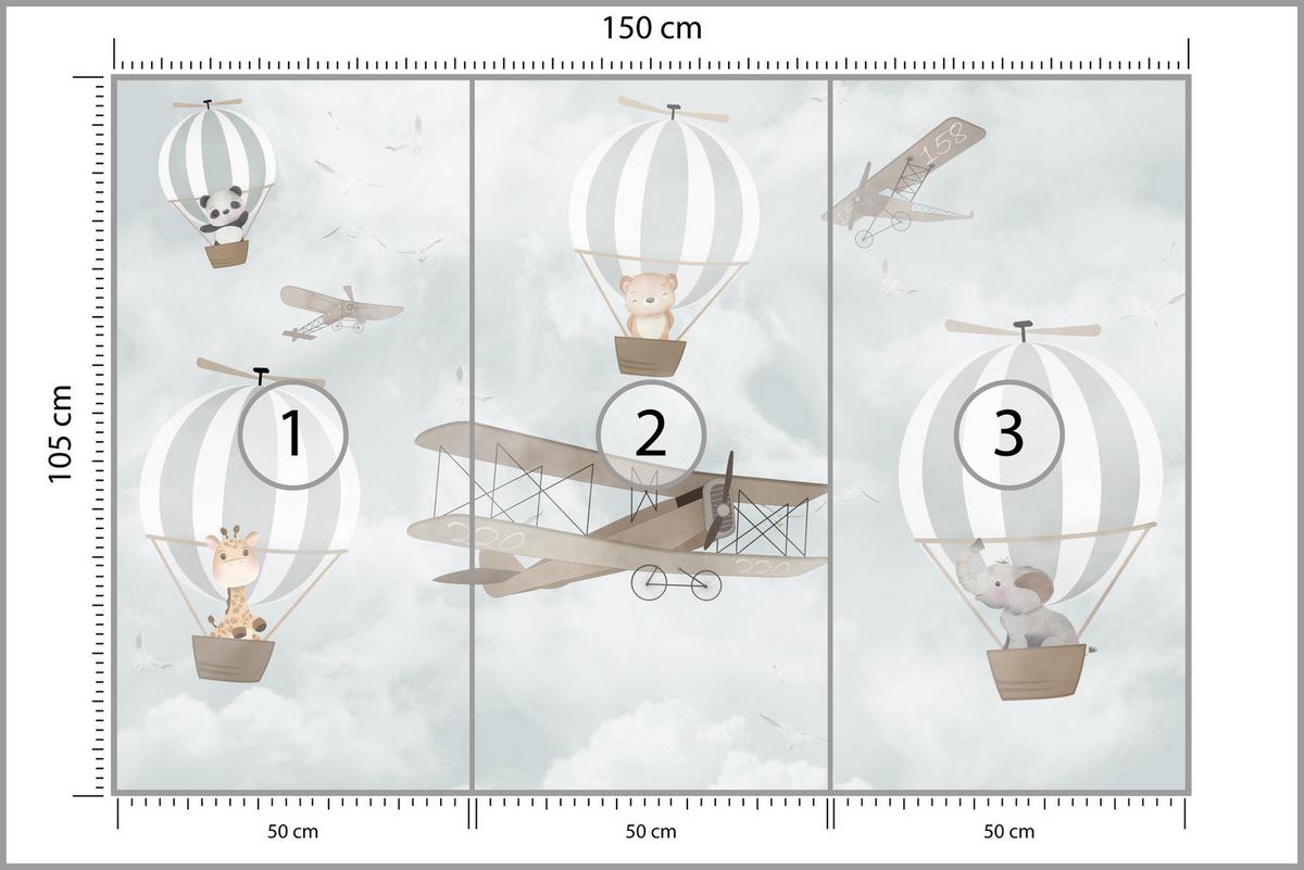 FOTOTAPETE für Kinderzimmer Ballons Tiere Wolken Flugzeuge Fantasie Retro 150x105 - Beige/Braun, Papier (150/105cm) - Muralo