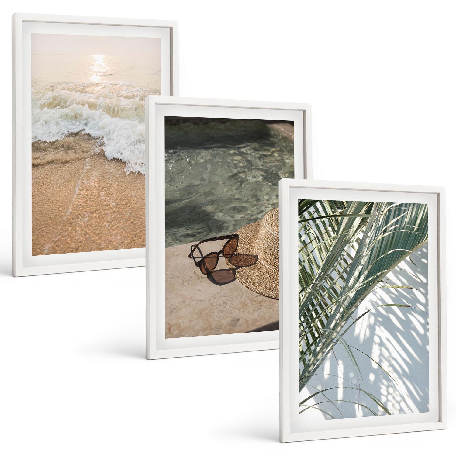 BILDER SET 3er Set - 40x60 cm Weißer Rahmen - Strandhut und Sonnenbrille - Weiß, Kunststoff (40/60cm) - TULUP